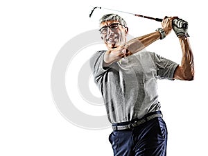 Senior man golfer golfing  shadow silhouette isolated white background