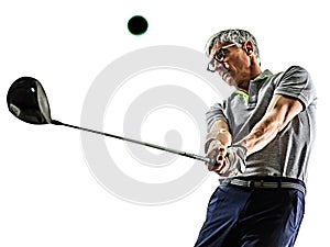 Senior man golfer golfing shadow silhouette isolated white background