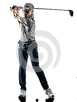 Senior man golfer golfing shadow silhouette isolated white background