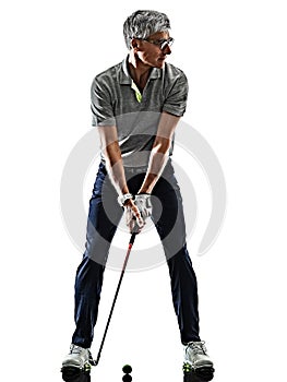 Senior man golfer golfing shadow silhouette isolated white background