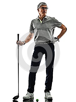 Senior man golfer golfing shadow silhouette isolated white background