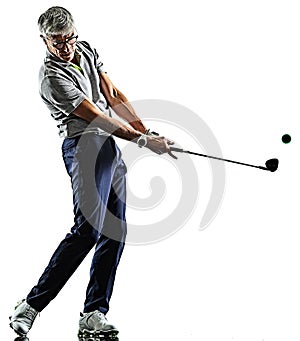 Senior man golfer golfing shadow silhouette isolated white background