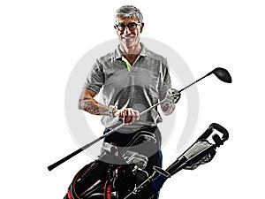 Senior man golfer golfing shadow silhouette isolated white background