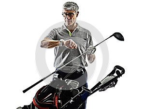 Senior man golfer golfing shadow silhouette isolated white background