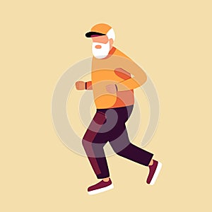 Senior man grandpa with gray hair beard in sports uniform jogging. Disease dementia prevention quality of life social involvement