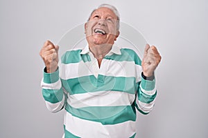 Senior man with grey hair standing over white background celebrating surprised and amazed for success with arms raised and eyes