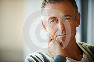 Senior man, hand and thinking at home for decision, choice or idea on retirement and pension. Mature person, thought or