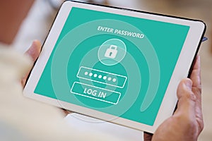 Senior man hand using tablet with password login on screen, cyber security concept