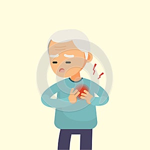 Senior man having a heart attack, elderly with chest pain cartoon, vector illustration.