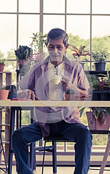 Senior man is having morning coffee while reading digital tablet in his houseplant garden at home
