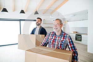 A senior man helping his son with furnishing new house, a new home concept. photo