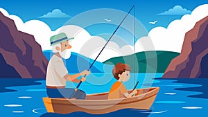 A senior man and his grandson deepsea fishing on a rustic wooden boat surrounded by crystal clear blue waters and photo