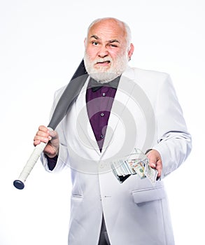 Senior man hold cash money and baseball bat. Richness wellbeing. Money profit. Personal security. Successful businessman