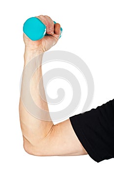 Senior man holding blue dumbbells