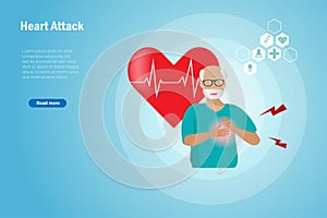 Senior man holding chest suffering from heart attack  Red heart with ECG - EKG heart beat pulse line signal. Idea for elderly