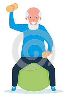 Senior man holding dumbbells while sitting on exercise ball. Healthy lifestyle. Flat cartoon illustration vector set