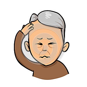 Senior man holding hand to his head. Forgetfulness, headache. Flat vector illustration. Isolated on white background. photo