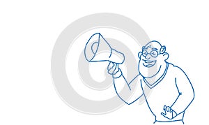 Senior man holding megaphone announcement concept grandfather loudspeaker announcer male character portrait sketch