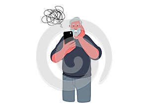 Senior man is holding a mobile phone and having troubles.Vector Illustration