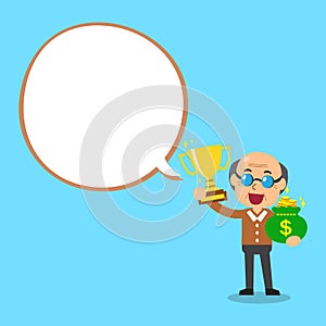 Senior man holding trophy and money bag with white speech bubble