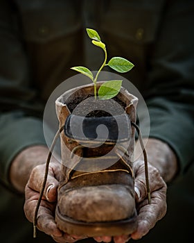 Senior man holding young green plant in hands