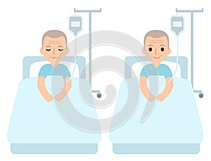 Senior man in hospital bed cartoon illustration