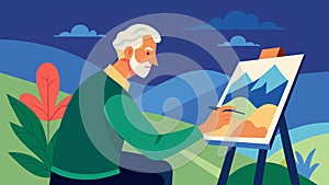 A senior man intently focused on painting a landscape on a canvas at a crafting club meeting.. Vector illustration. photo