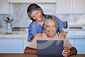 Senior man, laptop and black caregiver or home nurse helping patient with social media, communication and internet