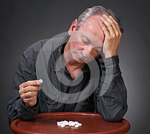Senior man looking at pills