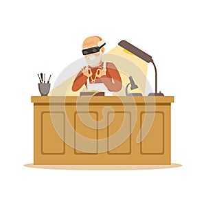 Senior man making jewelry in workshop, craft hobby or profession colorful character vector Illustration