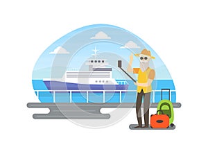 Senior Man Making Selfie in Front of Cruise Ship, Elderly People Active Lifestyle Vector Illustration