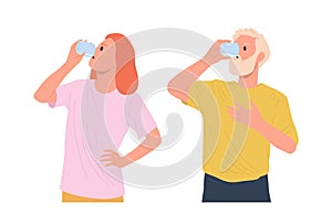 Senior man and mature woman cartoon character drinking water having healthy morning habit