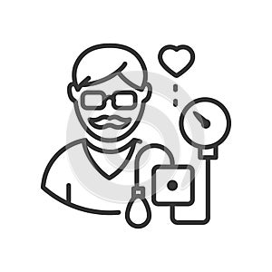 Senior man measuring blood pressure - line design single isolated icon