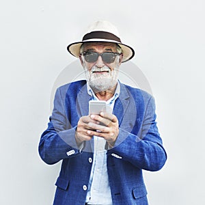 Senior Man Mobile Phone Communication Connection Technology Concept