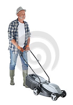 Senior man with modern lawn mower on white background