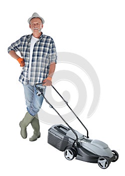 Senior man with modern lawn mower on white background