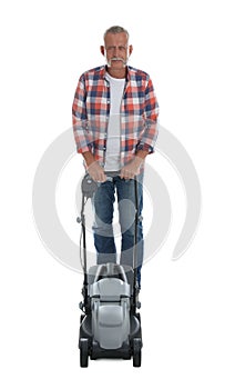 Senior man with modern lawn mower on white background