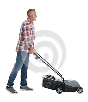 Senior man with modern lawn mower on white background