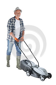 Senior man with modern lawn mower on white background