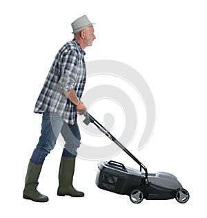 Senior man with modern lawn mower on white background