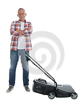 Senior man with modern lawn mower on white background