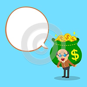 Senior man and money bag with white speech bubble