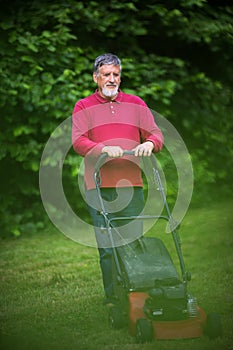 Senior man mowing the lawn