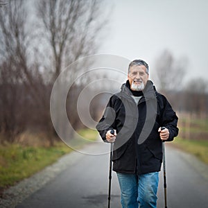 Senior man nordic walking,