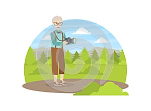 Senior Man Photographer Taking Picture in Nature, Elderly People Active Lifestyle Vector Illustration