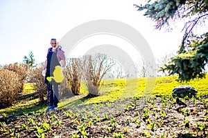 Senior man planting a plants in garden outdoors spring season ready