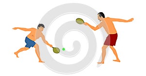 Senior man playing beach tennis with boy in sand, ball game for beach, vector.