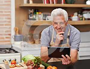 Senior man, portrait and tablet in kitchen for streaming, healthy and digital nutrition for diet. Retirement, social