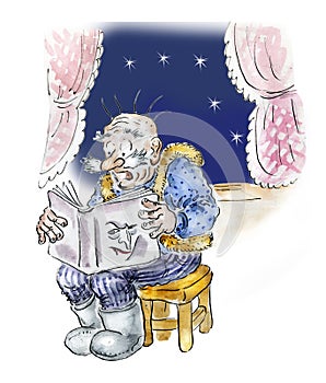 Senior man reading thriller book at night photo