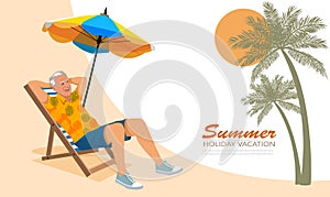 senior man relaxes on Lounge Chair, under beach umbrella at the beach summer holiday Vacation for banner, poster web design